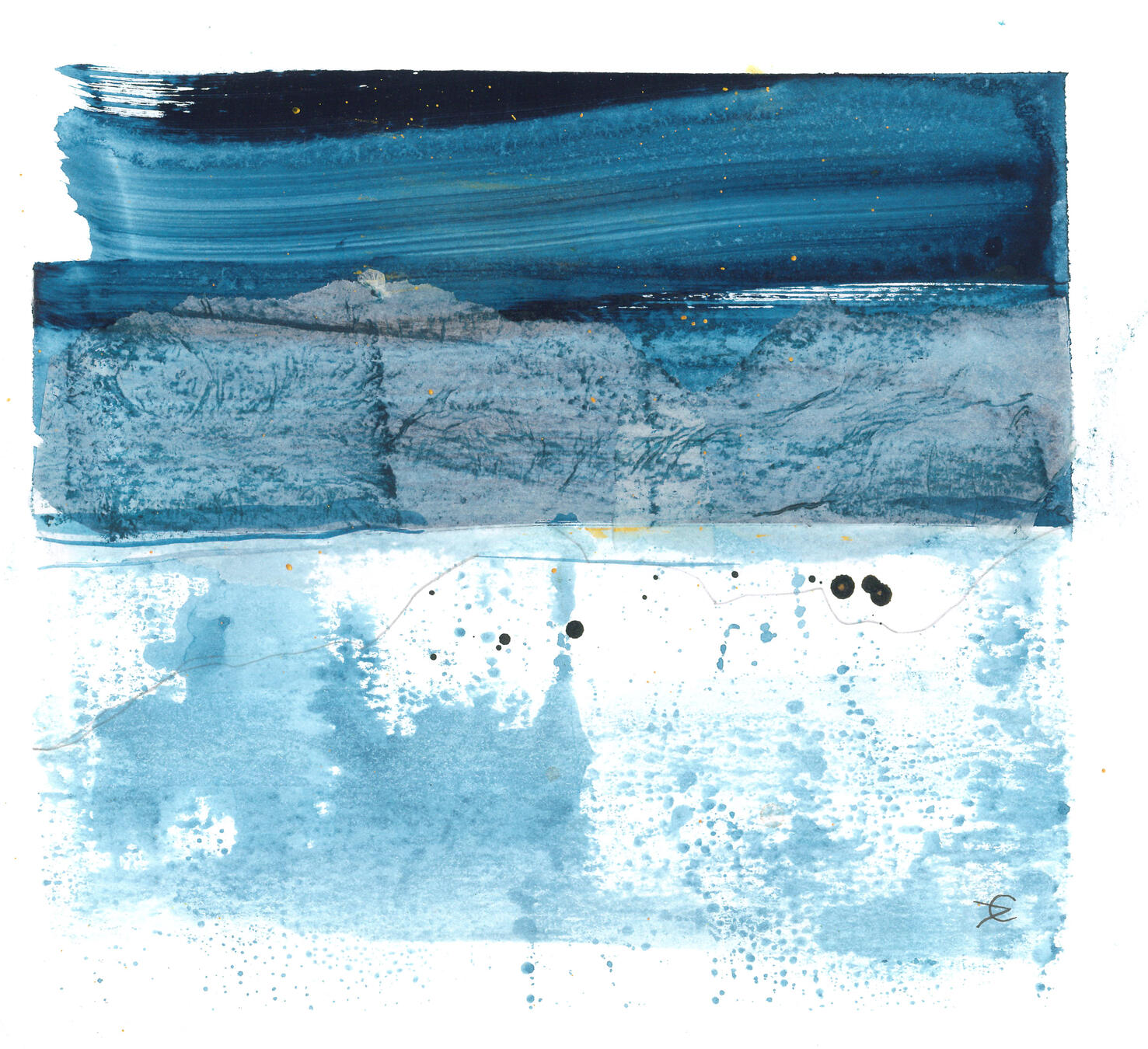 A square blue-toned collage on white paper. The top half consists of dark, painterly navy strokes and a textured grey band suggesting a horizon. The bottom half is a lighter, ethereal blue with watery washes, fine pencil lines, and dark ink droplets, creat