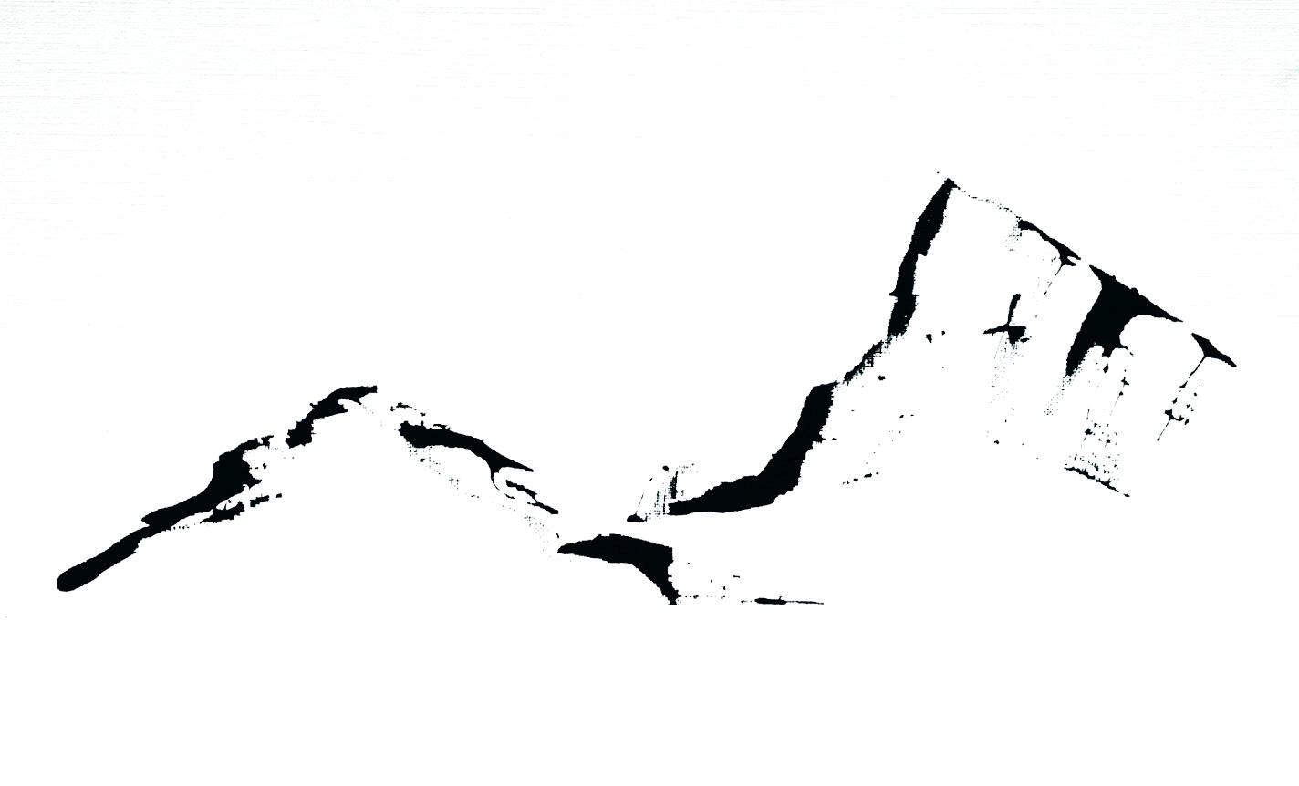 A minimalist abstract work featuring sparse black brushstrokes forming a mountain silhouette against a vast white ground, evoking stillness, altitude and open space.