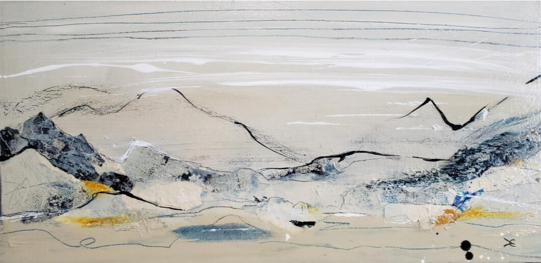 A minimalist horizontal landscape on a warm cream background. Delicate, sketchy black lines suggest rolling hills and distant horizons, punctuated by textured patches of grey, ochre, and a single splash of blue. Two bold black dots in the lower right corne