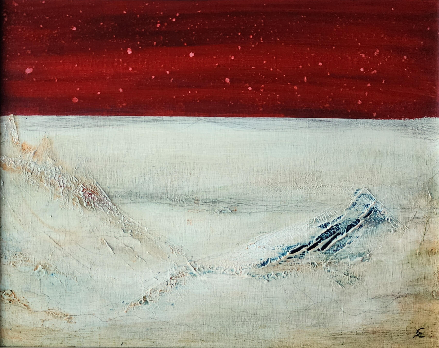 A square abstract painting divided into two halves. The top half is a deep, textured crimson red with flecks of pink, resembling a starry or dusty sky. The bottom half is a luminous, off-white textured landscape with raised, impasto ridges that suggest sno