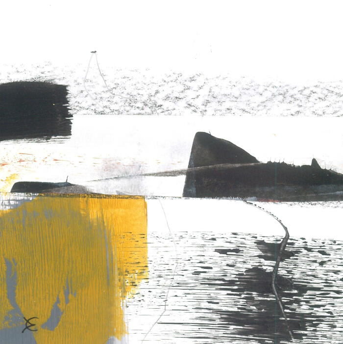 A small minimalist mixed-media work with bold yellow and black forms against white, fine lines and splatters evoking the moment of departure - leaving the known for open water.