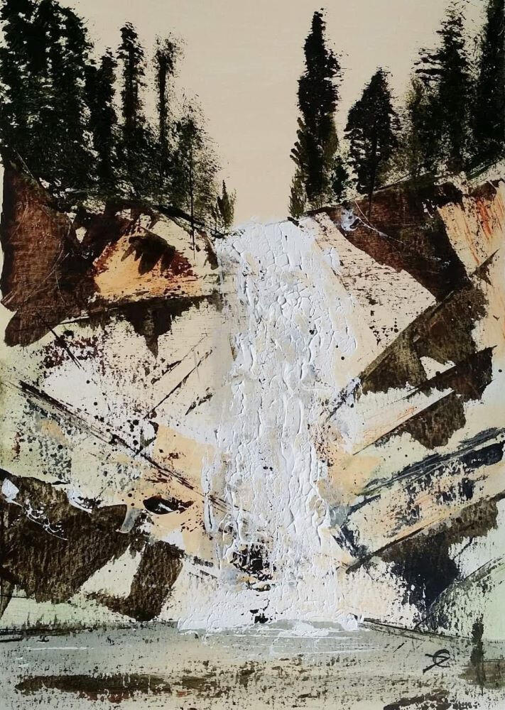 A vertical mixed media work in earth tones of cream, brown and black, with a central column of white impasto texture suggesting a waterfall descending through fragmented rocky forms and dark tree silhouettes.