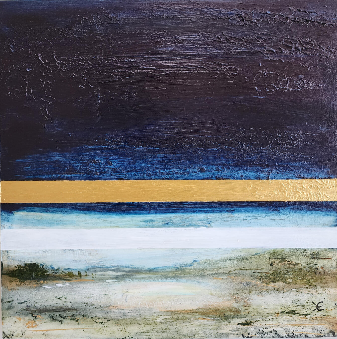 A minimalist abstract landscape with three horizontal bands: a deep navy sky, a thin shimmering gold horizon, and a misty light-blue foreground.