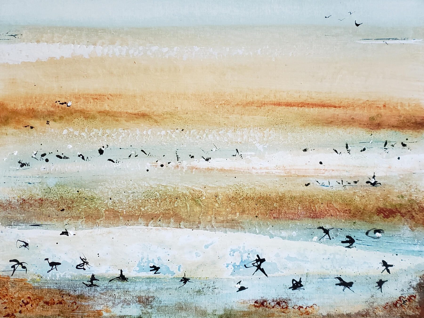 An abstract aerial view of waterbirds at Lake Eyre, with swirling textures of blue and white suggestive of vast, flooded salt pans.