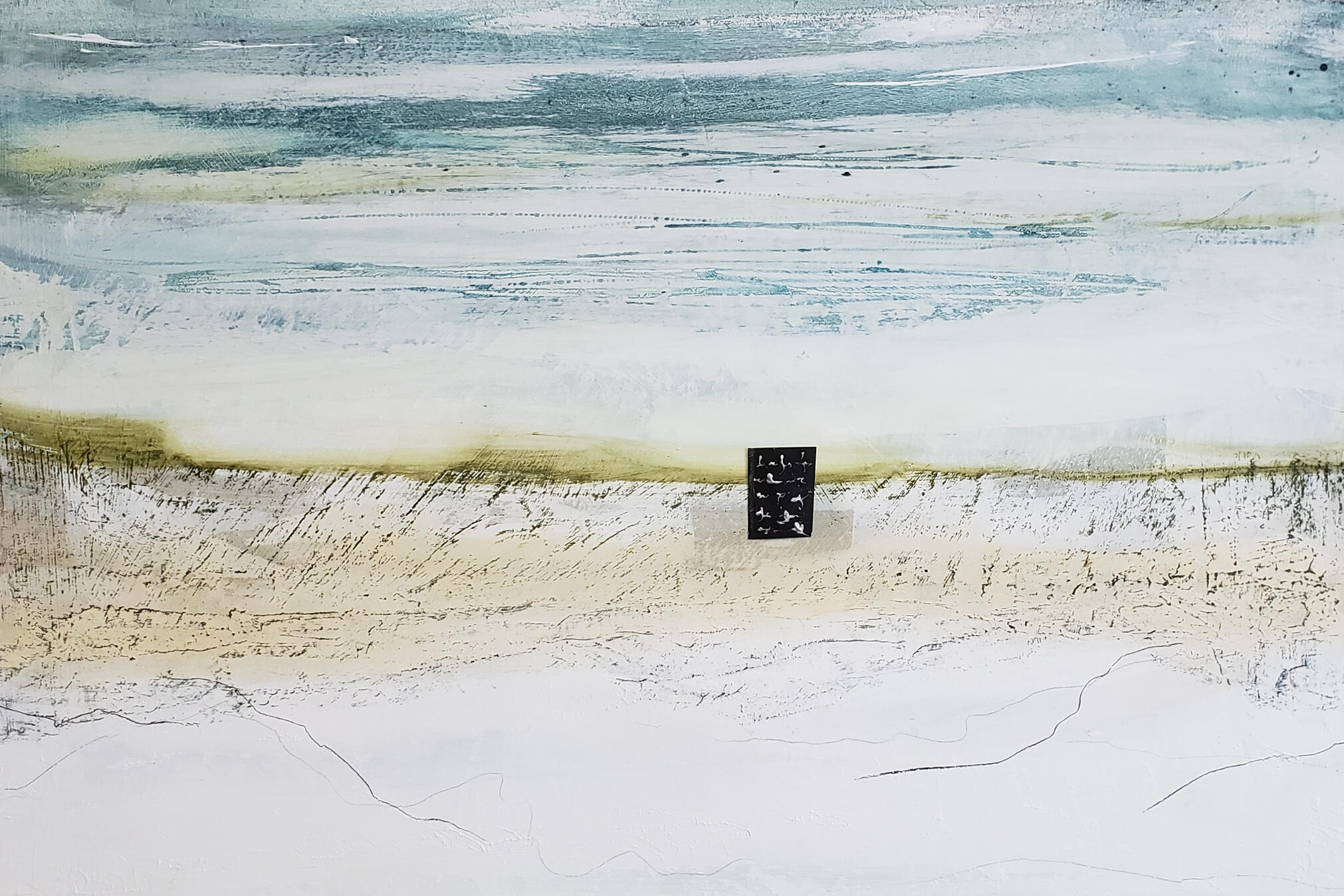 An abstract painting of an arid, golden-brown landscape featuring a bold black rectangle and delicate gold asemic writing or symbolic markings.