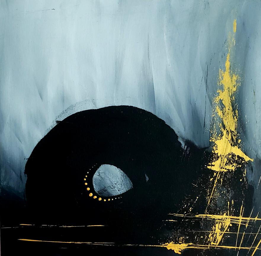 A square abstract painting featuring a large, dark circular form in the center, accented by shimmering gold details and tree-like silhouettes against a a textured, moody grey background.
