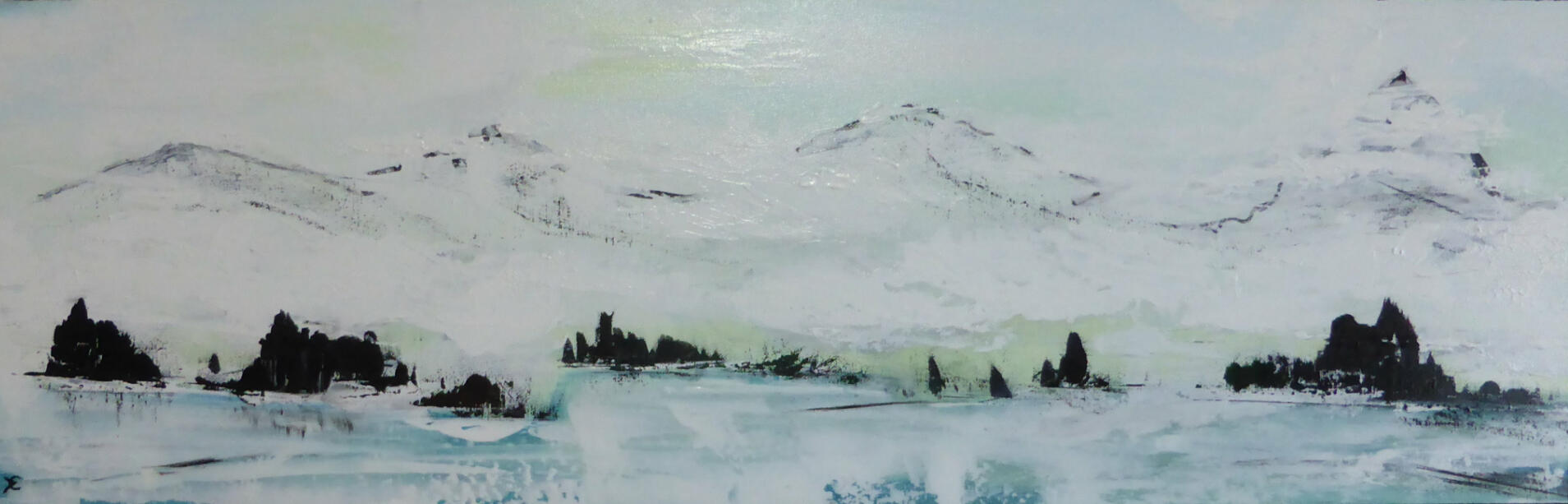 A panoramic abstract landscape of towering mountain peaks rendered in textured whites and cool greys. Dark, silhouetted forms of trees or rocks line the foreground against a luminous, pale green and white sky, evoking a sense of ancient, frozen grandeur.
